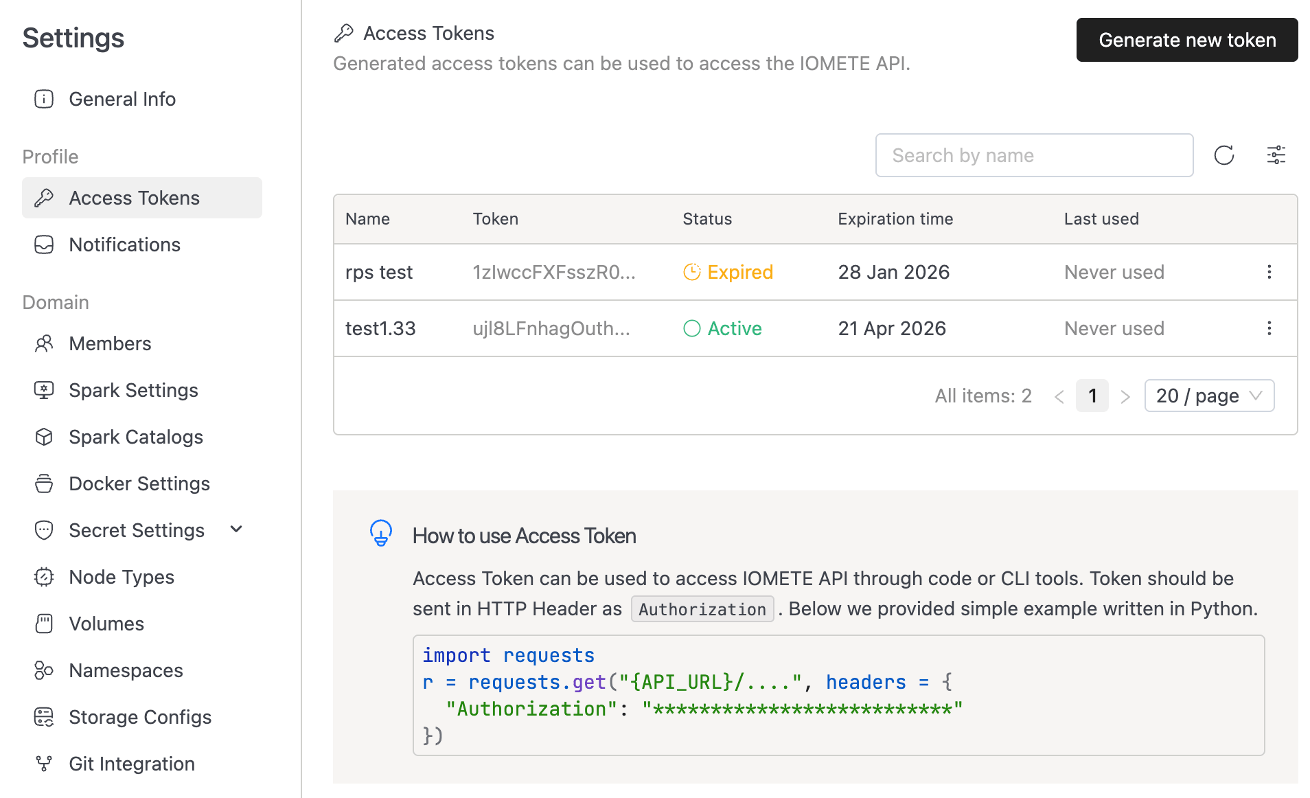 Access tokens | IOMETE