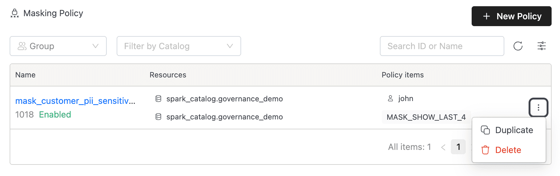 Policy actions menu with Duplicate and Delete options | IOMETE