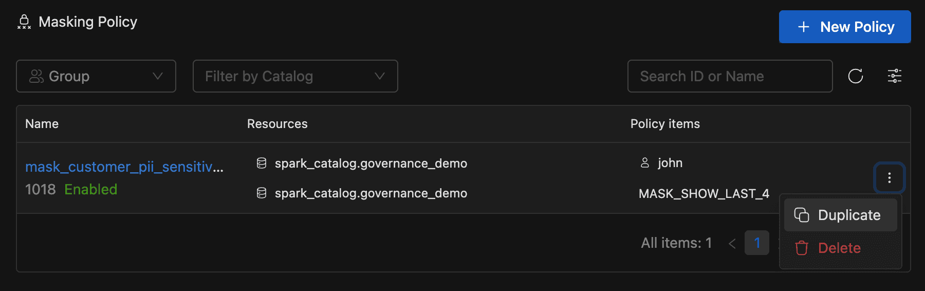 Policy actions menu with Duplicate and Delete options | IOMETE