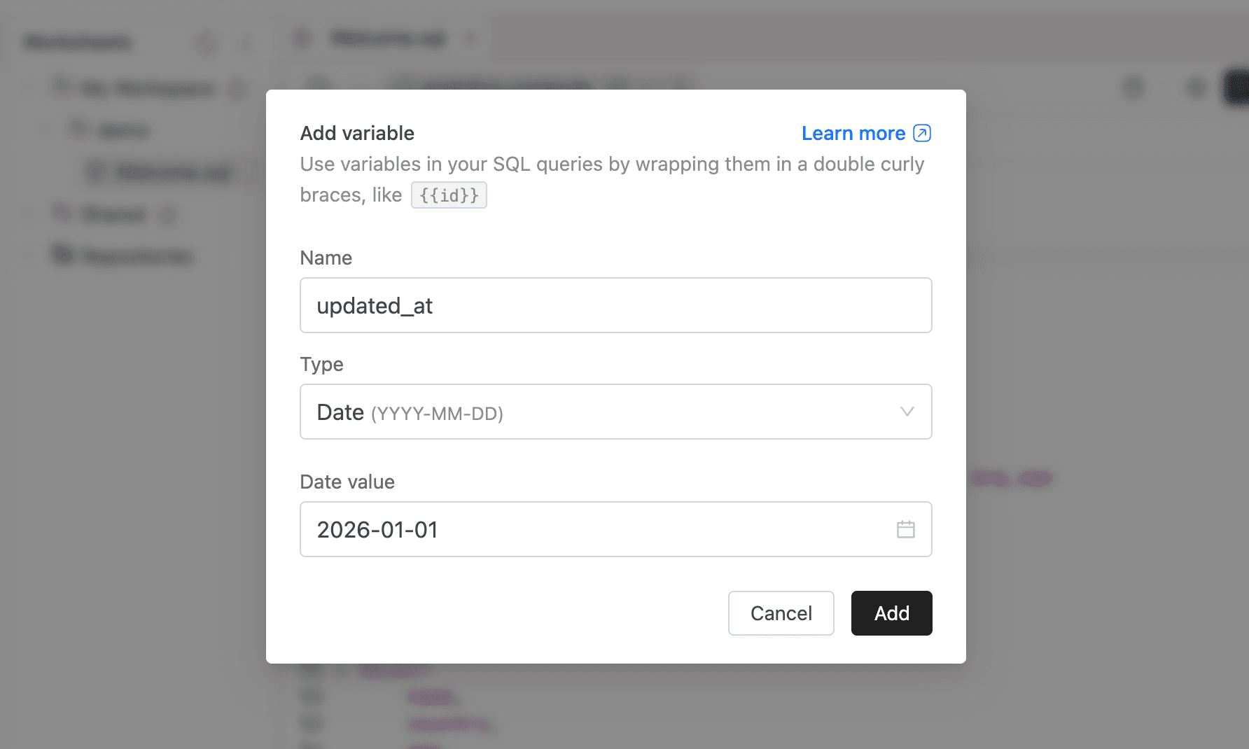 Add variable modal with Name, Type, and Date value fields | IOMETE