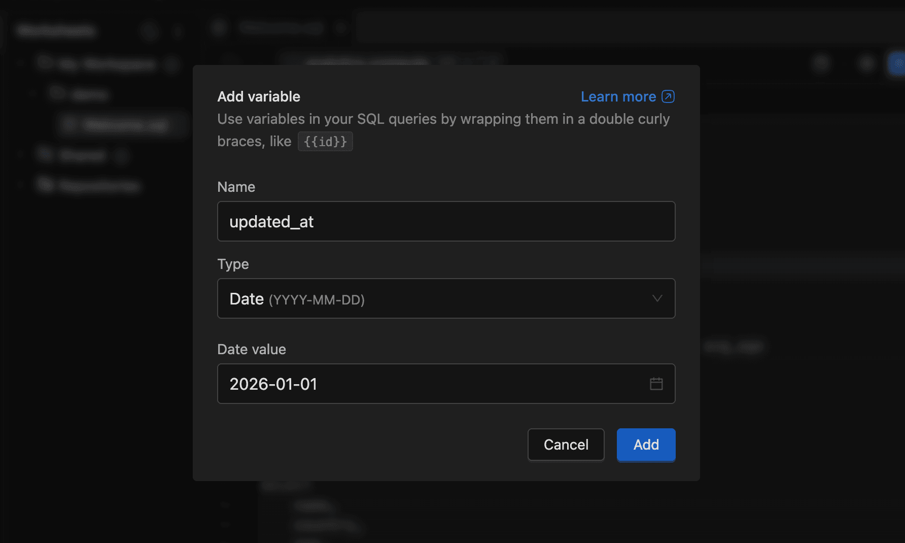 Add variable modal with Name, Type, and Date value fields | IOMETE