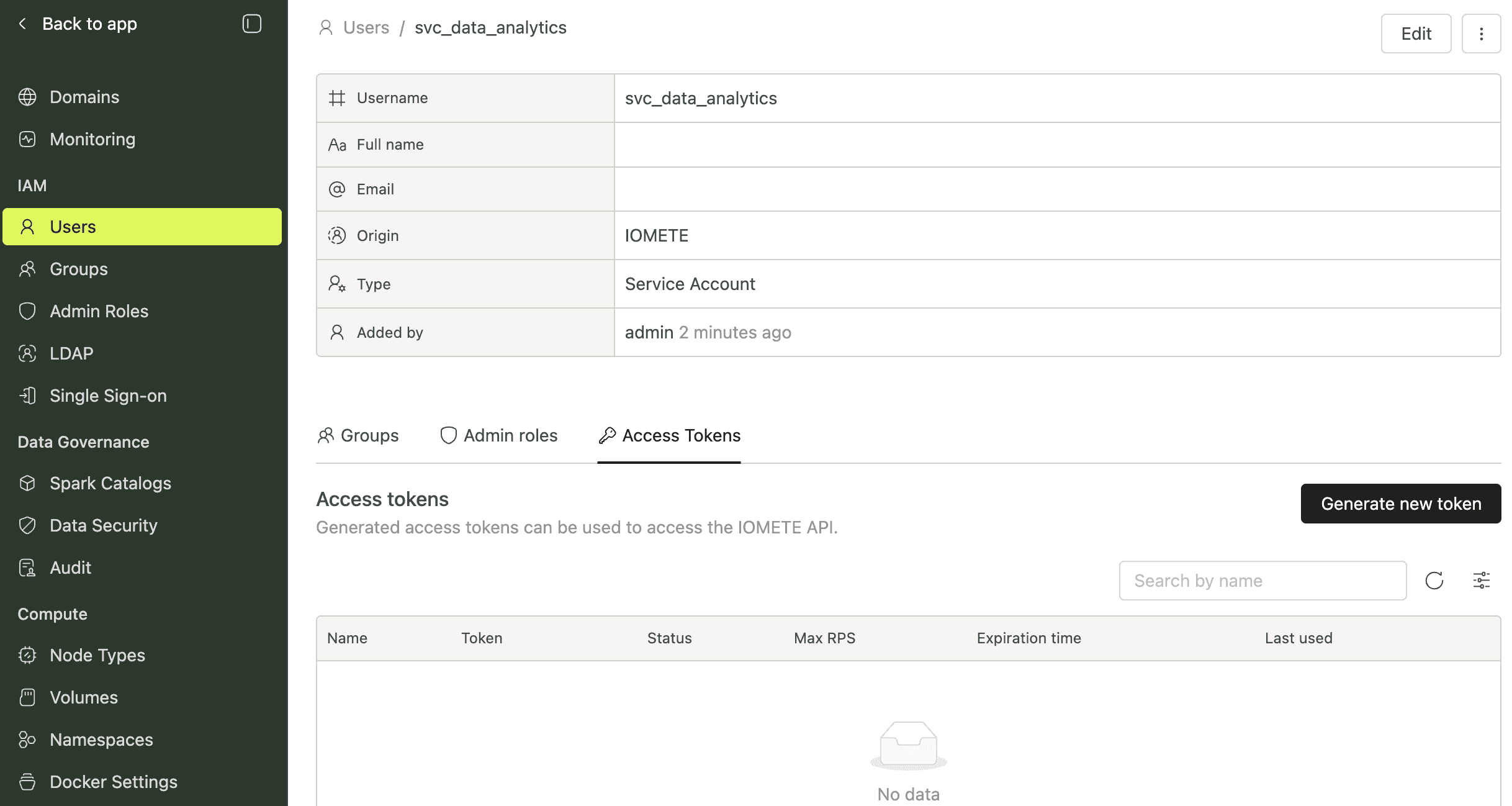 Service account token list at admin level showing the Max RPS column | IOMETE