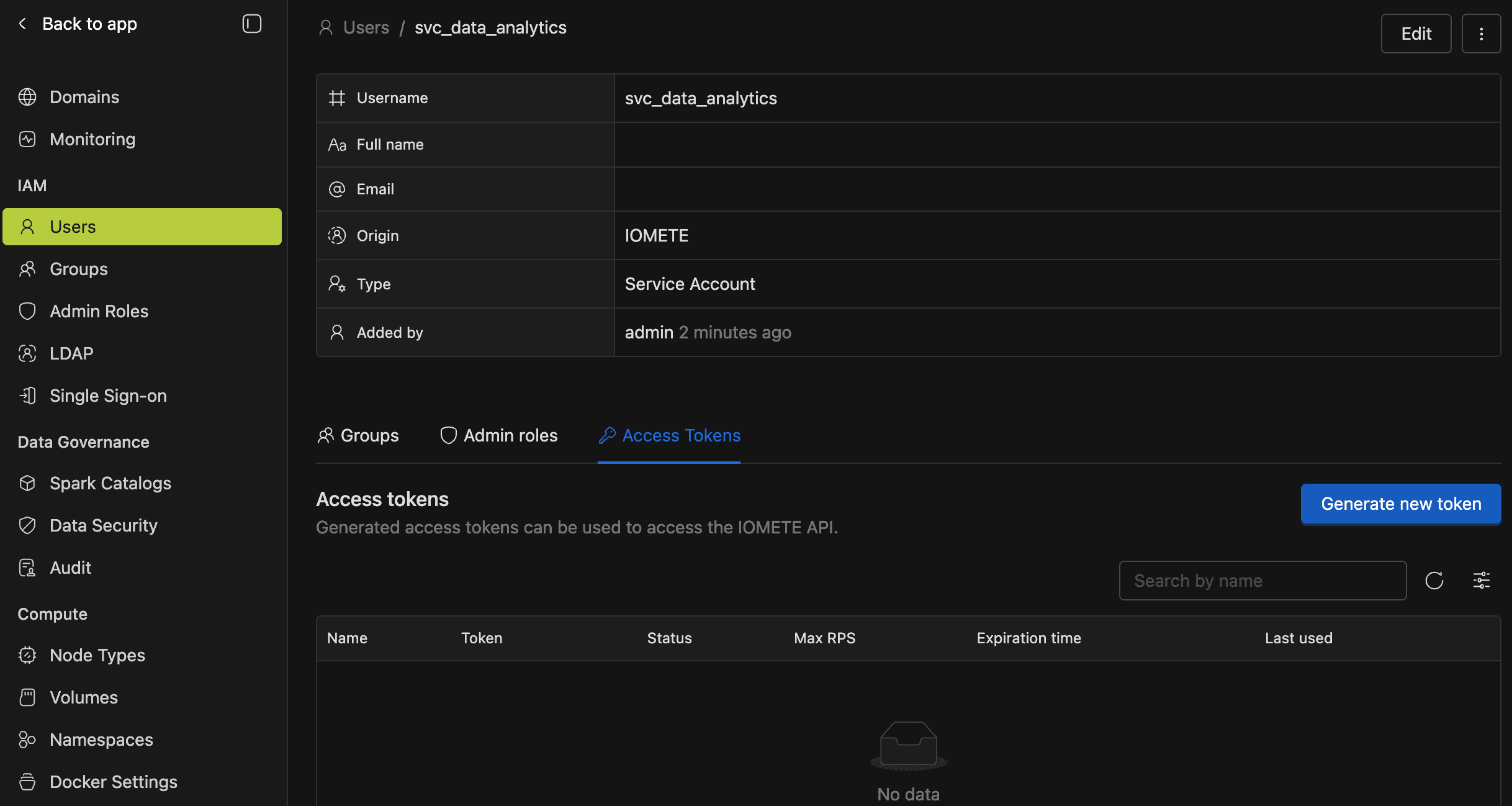 Service account token list at admin level showing the Max RPS column | IOMETE