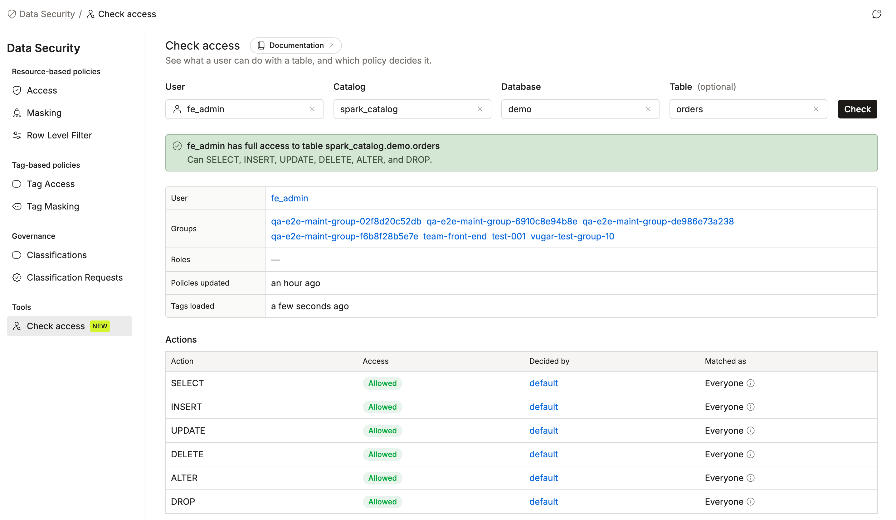 Result with the Summary, User, Groups, Roles, Policies updated, Tags loaded, and Actions tables | IOMETE