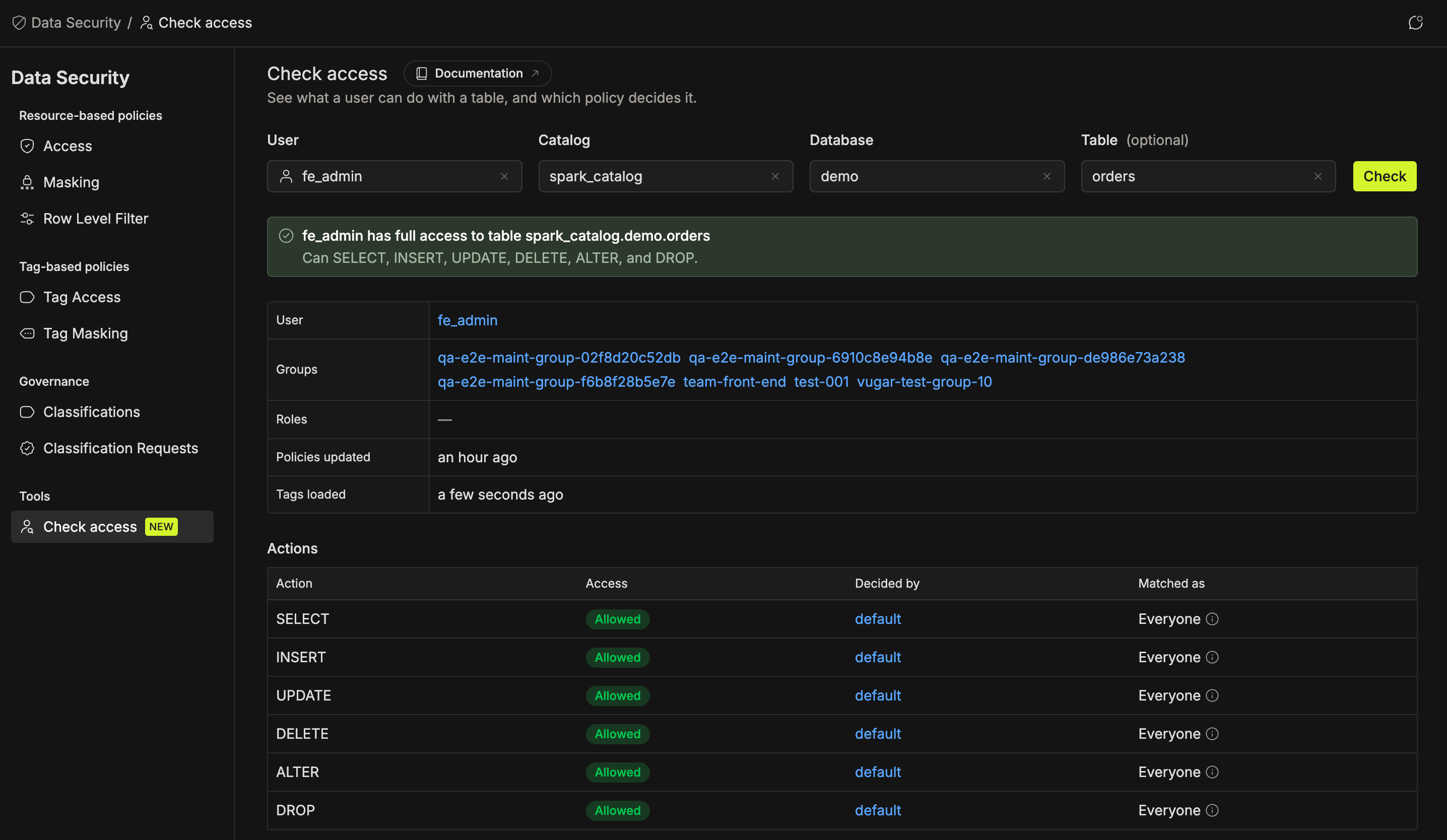 Result with the Summary, User, Groups, Roles, Policies updated, Tags loaded, and Actions tables | IOMETE
