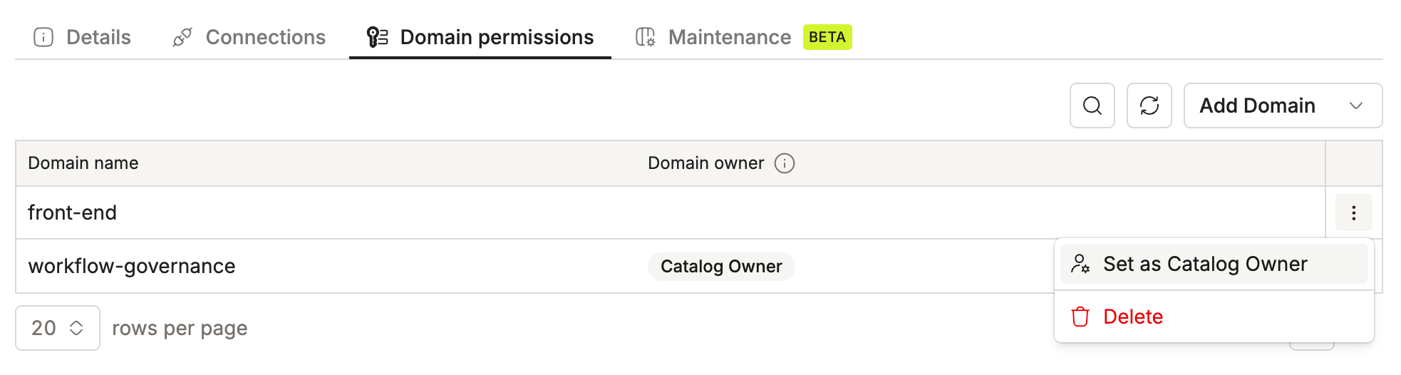 Domain permissions tab with the three-dot menu open on a domain showing the Set as Catalog Owner option | IOMETE