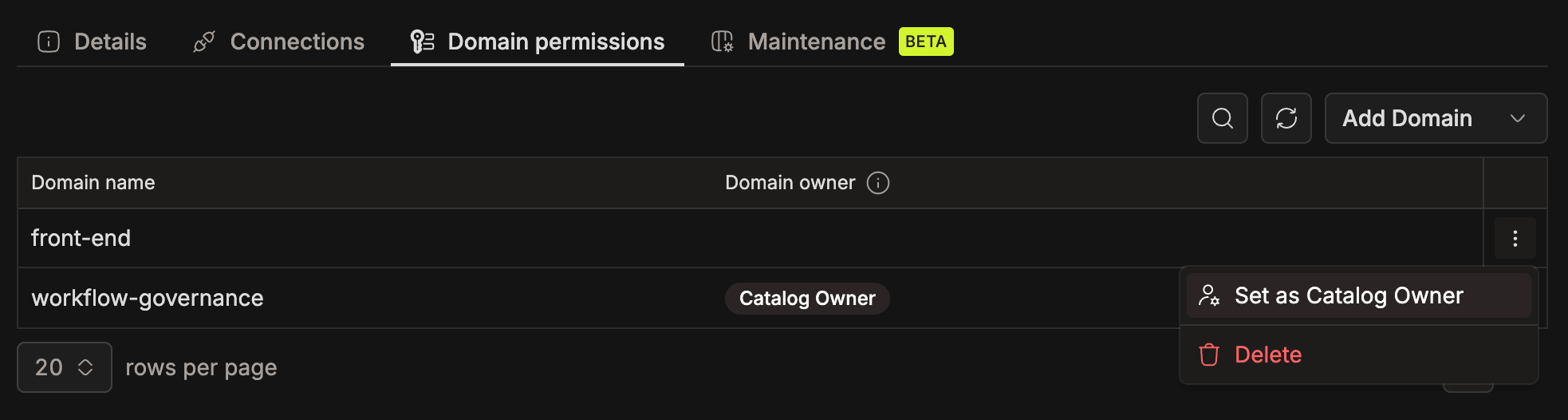 Domain permissions tab with the three-dot menu open on a domain showing the Set as Catalog Owner option | IOMETE