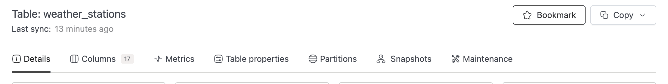 Bookmark and Copy buttons in the table detail page header | IOMETE