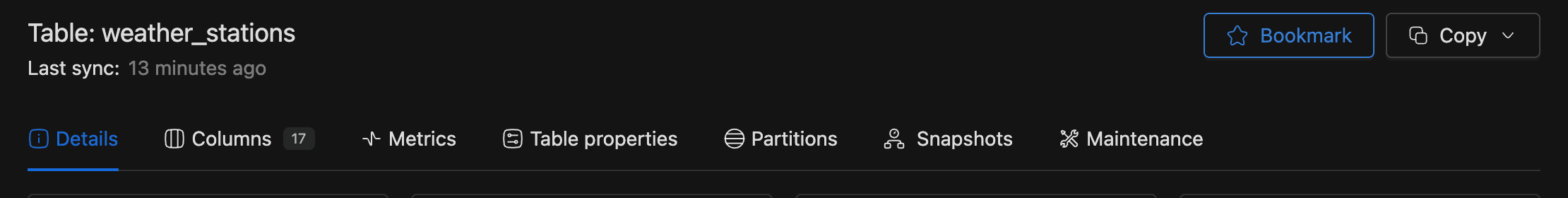 Bookmark and Copy buttons in the table detail page header | IOMETE