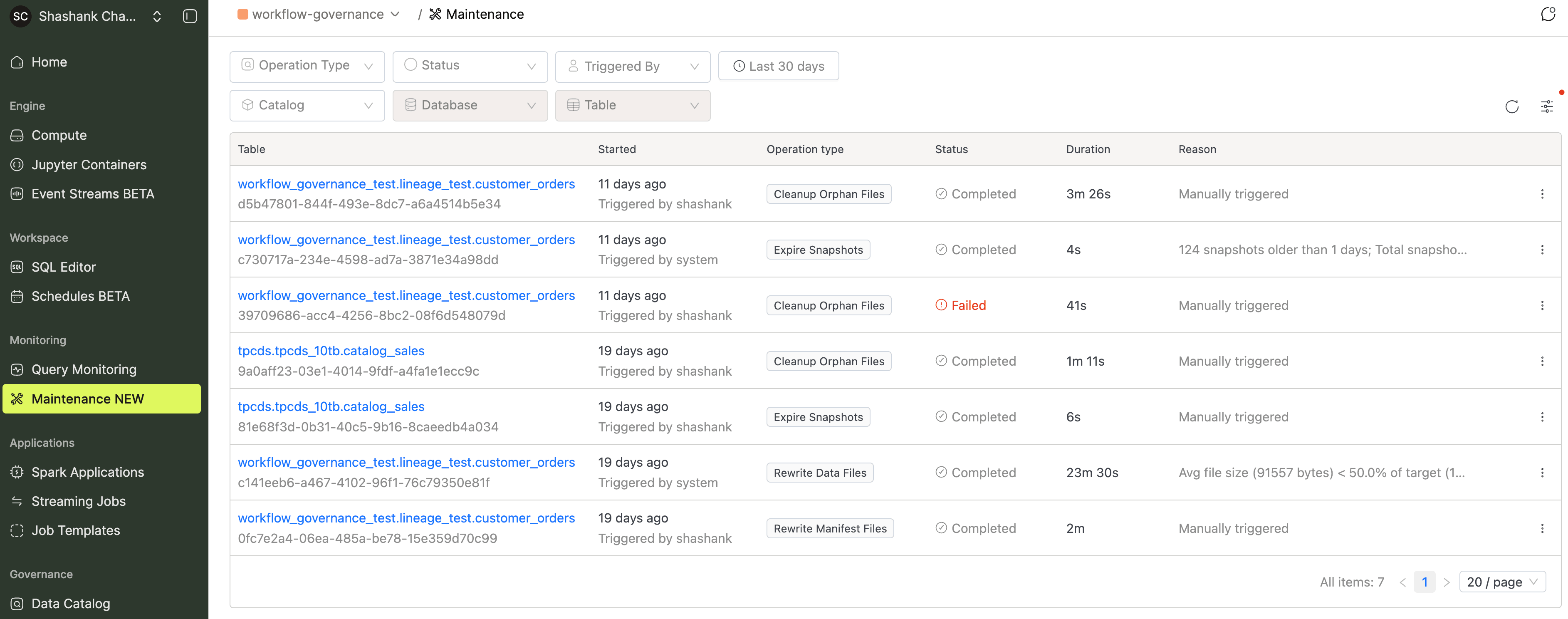 Catalog-level Maintenance page under Monitoring with Operation Type, Status, Triggered By, time range, Catalog, Database, and Table filters listing runs across multiple tables | IOMETE