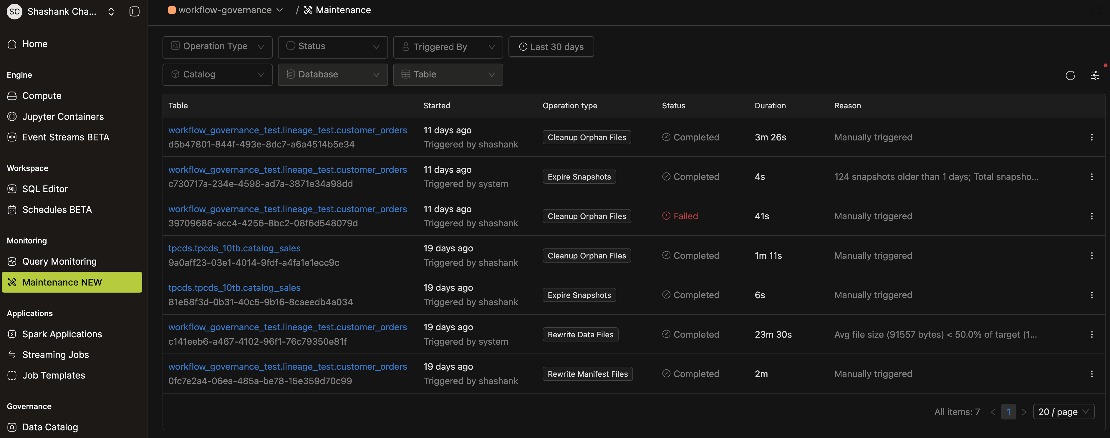 Catalog-level Maintenance page under Monitoring with Operation Type, Status, Triggered By, time range, Catalog, Database, and Table filters listing runs across multiple tables | IOMETE