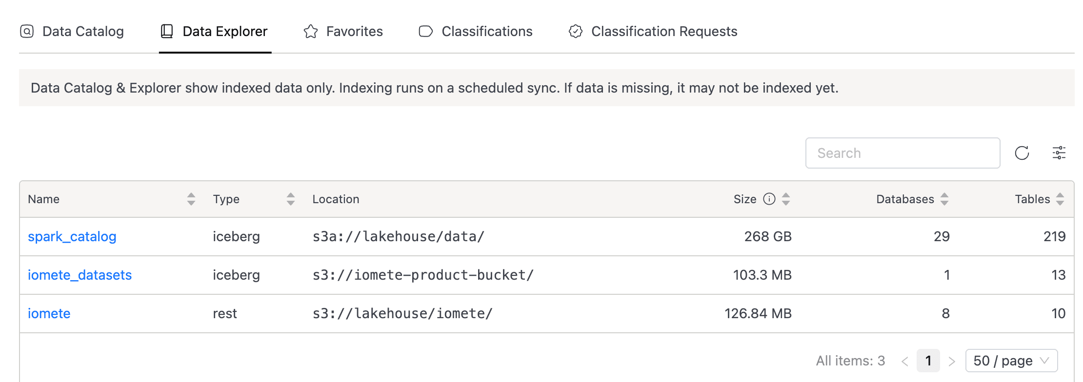 Data Explorer catalog list showing Name, Type, Location, Size, Databases, and Tables columns | IOMETE