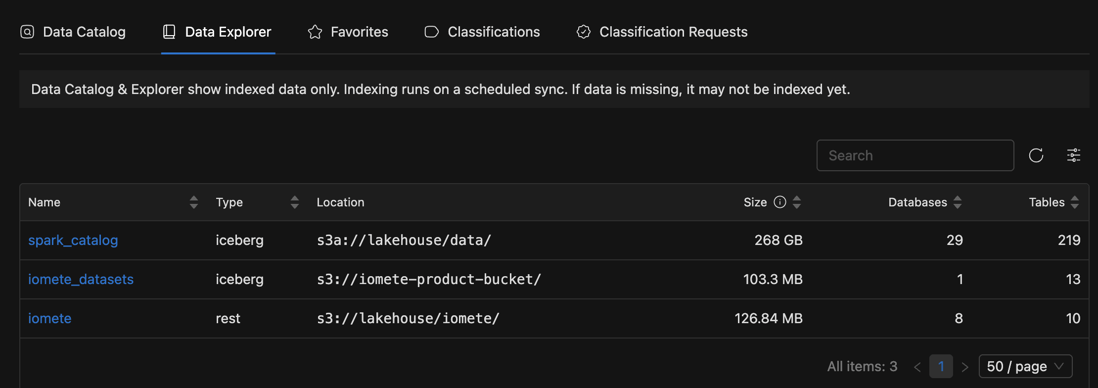 Data Explorer catalog list showing Name, Type, Location, Size, Databases, and Tables columns | IOMETE