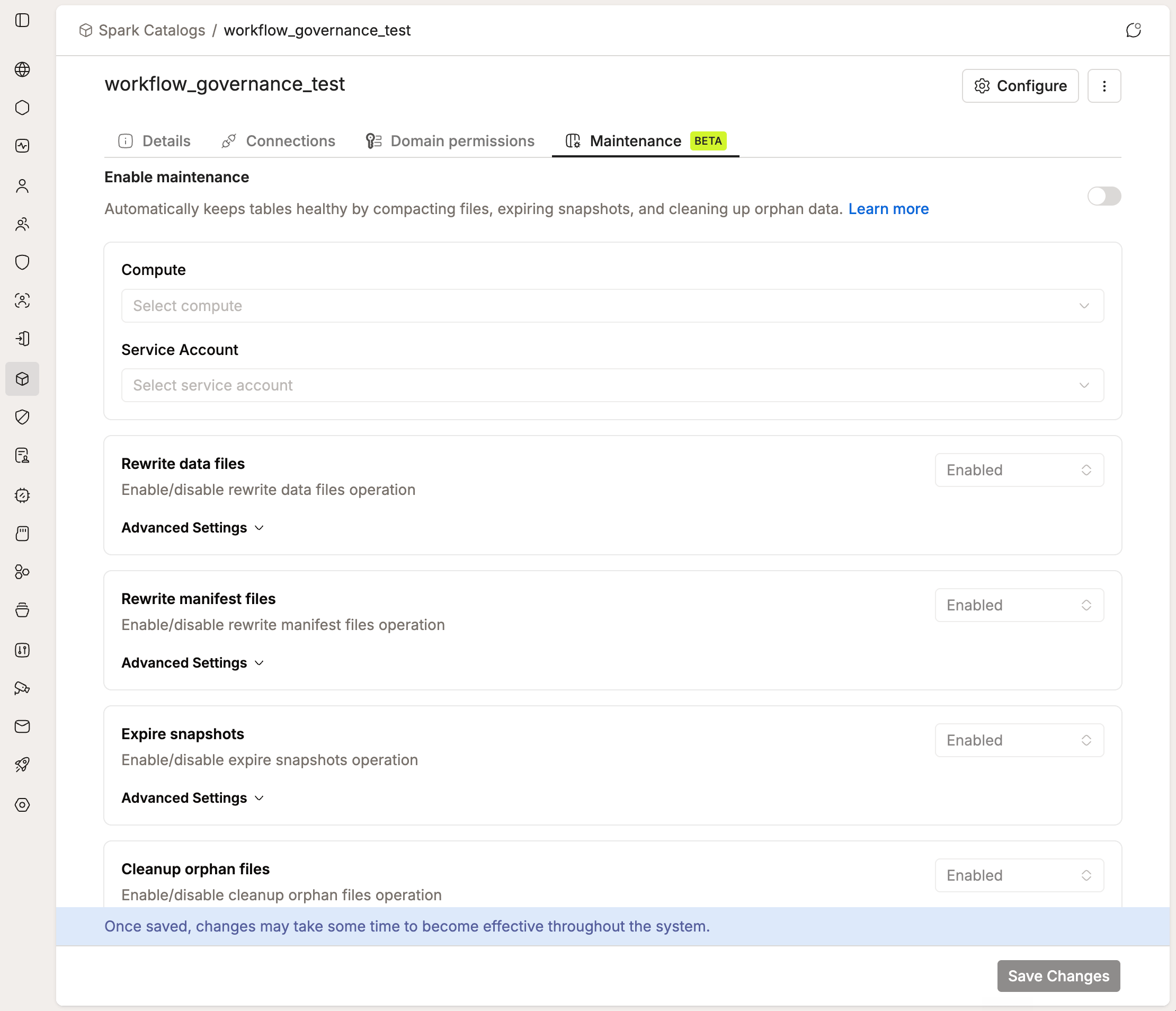 Catalog Maintenance tab, marked BETA, in its unconfigured state with the Enable maintenance toggle off, empty Compute and Service Account dropdowns, and the four operation cards | IOMETE