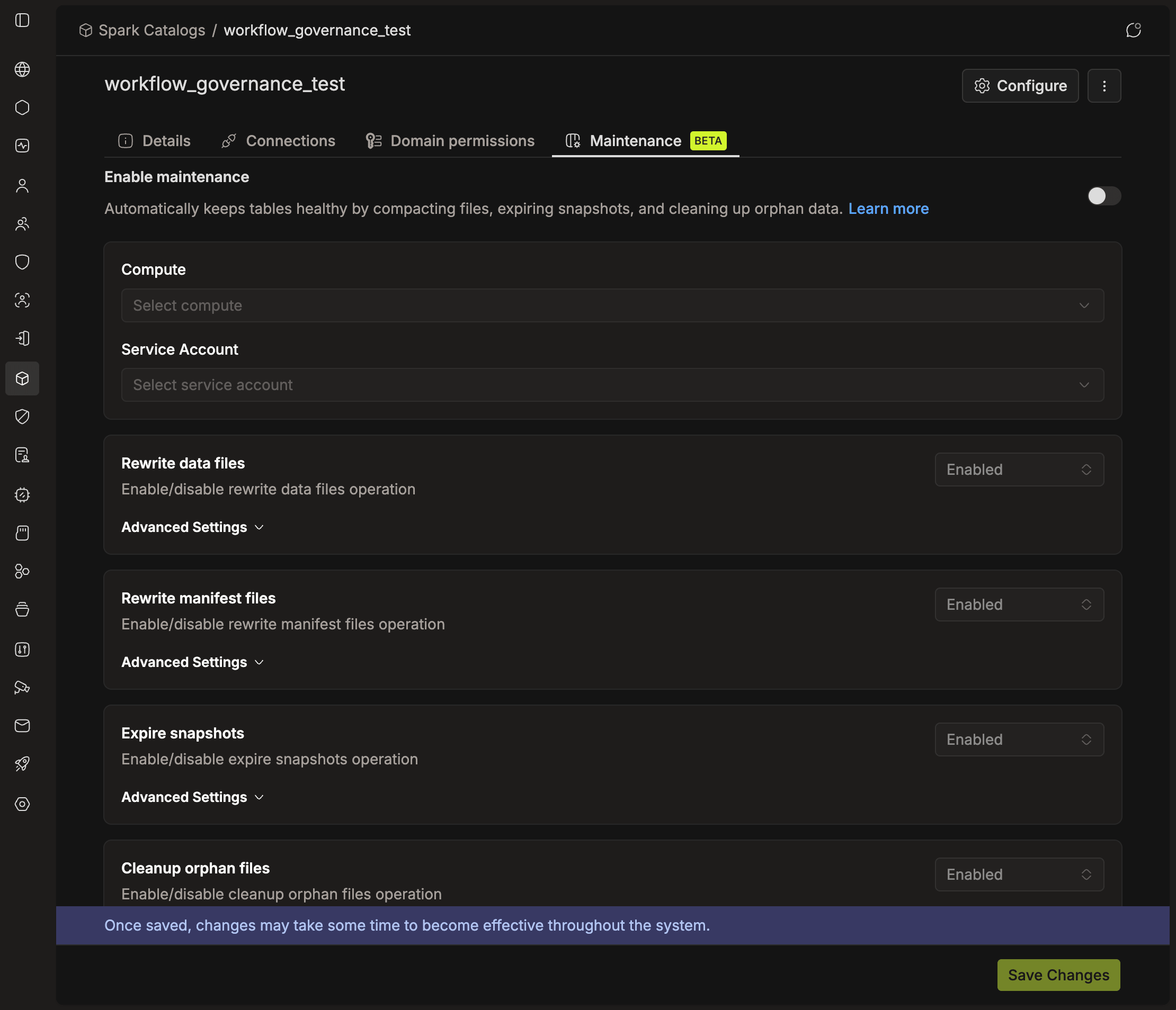 Catalog Maintenance tab, marked BETA, in its unconfigured state with the Enable maintenance toggle off, empty Compute and Service Account dropdowns, and the four operation cards | IOMETE