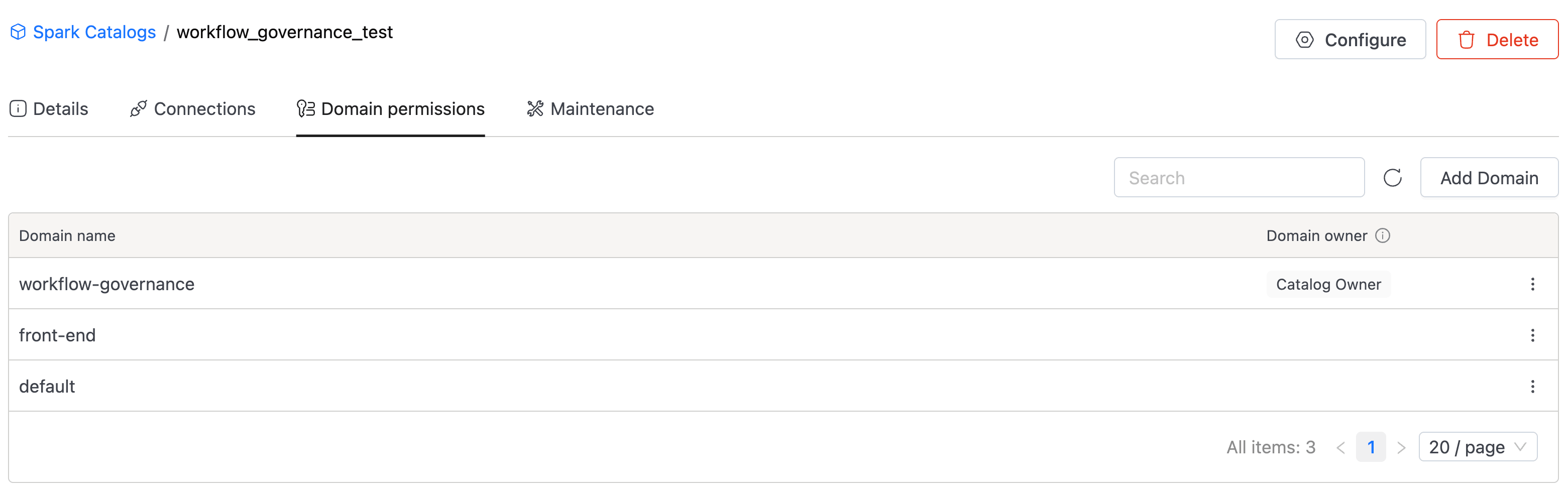 Catalog Domain permissions tab showing a domain marked as Catalog Owner | IOMETE