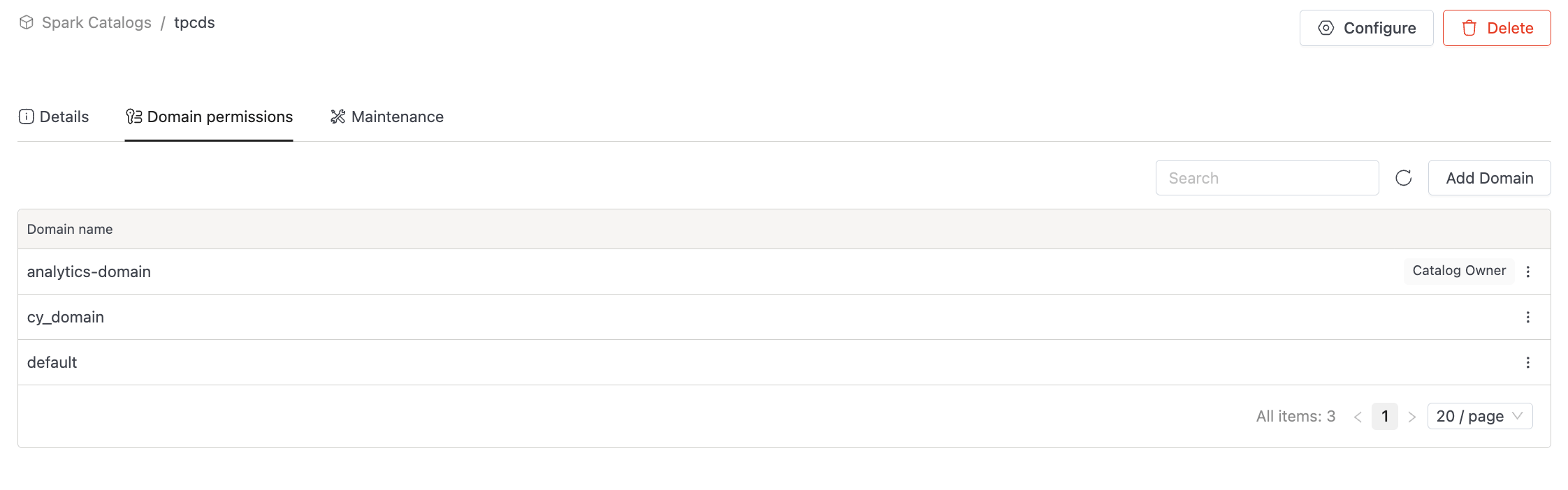 Catalog Permissions tab showing an owner domain assigned | IOMETE