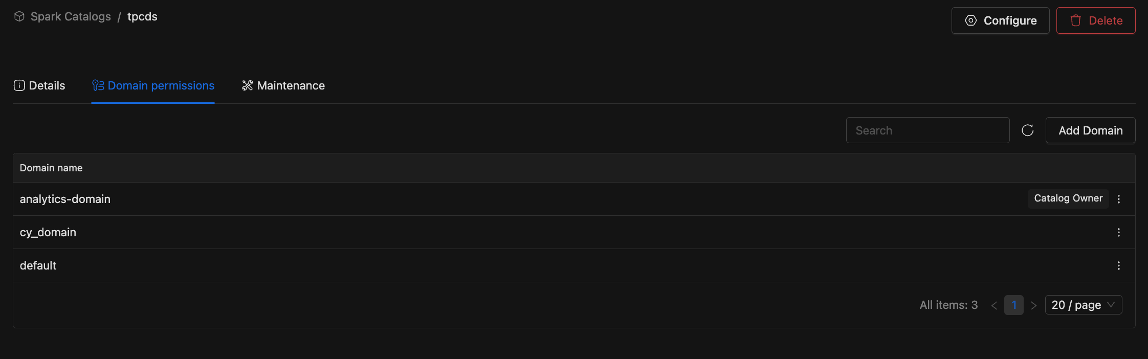 Catalog Permissions tab showing an owner domain assigned | IOMETE