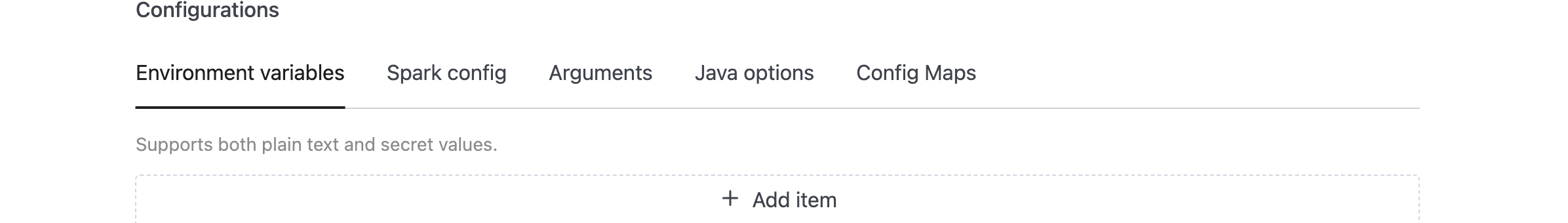 Configurations section with Environment variables tab active, showing Spark config, Arguments, Java options, and Config Maps tabs | IOMETE