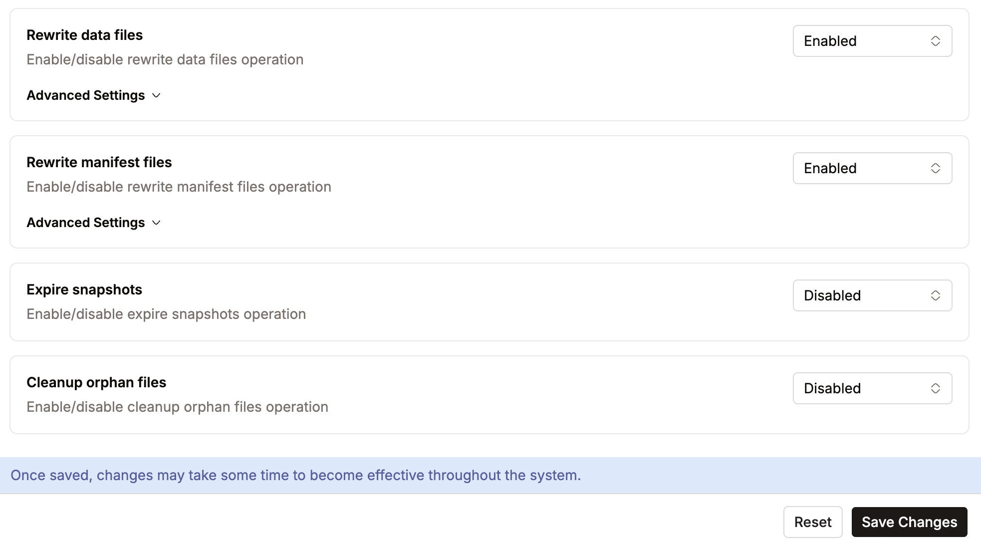 Catalog Maintenance tab showing four operation cards — Rewrite data files, Rewrite manifest files, Expire snapshots, and Cleanup orphan files — each with its own enable dropdown, Advanced Settings on the enabled ones, and Reset and Save Changes buttons | IOMETE