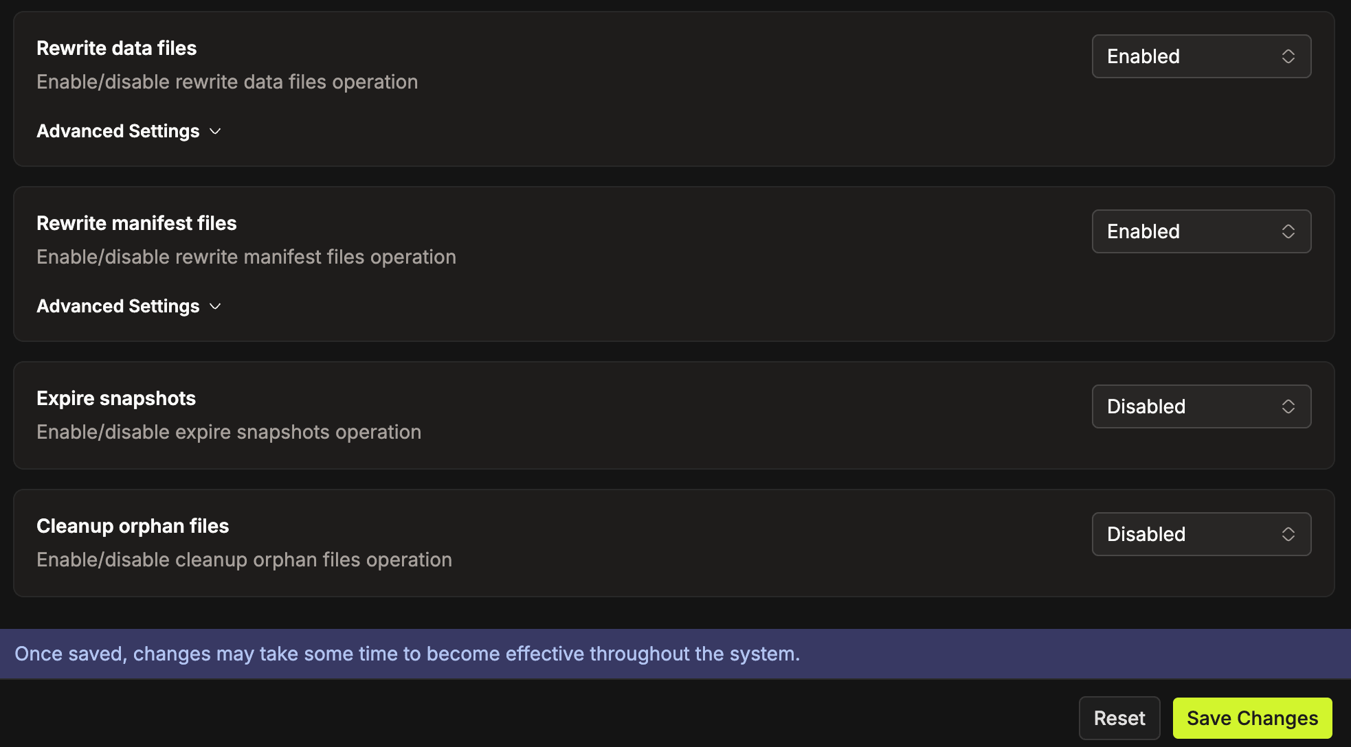 Catalog Maintenance tab showing four operation cards — Rewrite data files, Rewrite manifest files, Expire snapshots, and Cleanup orphan files — each with its own enable dropdown, Advanced Settings on the enabled ones, and Reset and Save Changes buttons | IOMETE