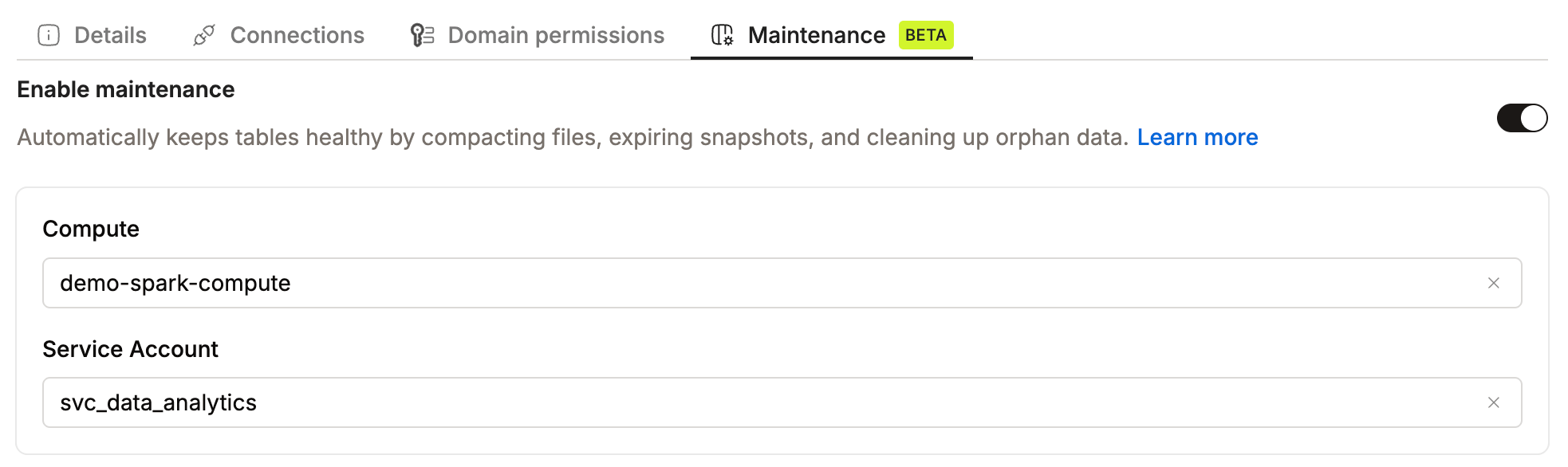 Catalog Maintenance tab with Enable maintenance toggled on, a Compute cluster, and a Service Account selected | IOMETE