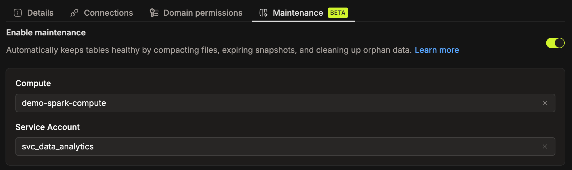 Catalog Maintenance tab with Enable maintenance toggled on, a Compute cluster, and a Service Account selected | IOMETE