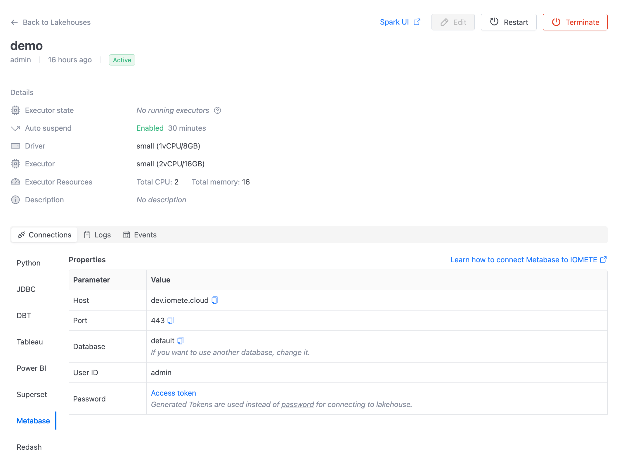 Iomete Metabase Connection details | IOMETE