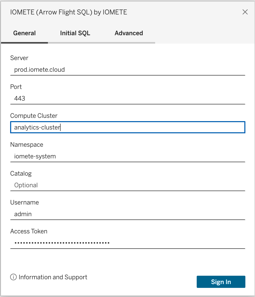 IOMETE (Arrow Flight SQL) connection dialog with server, port, compute cluster, namespace, username, and access token filled in | IOMETE