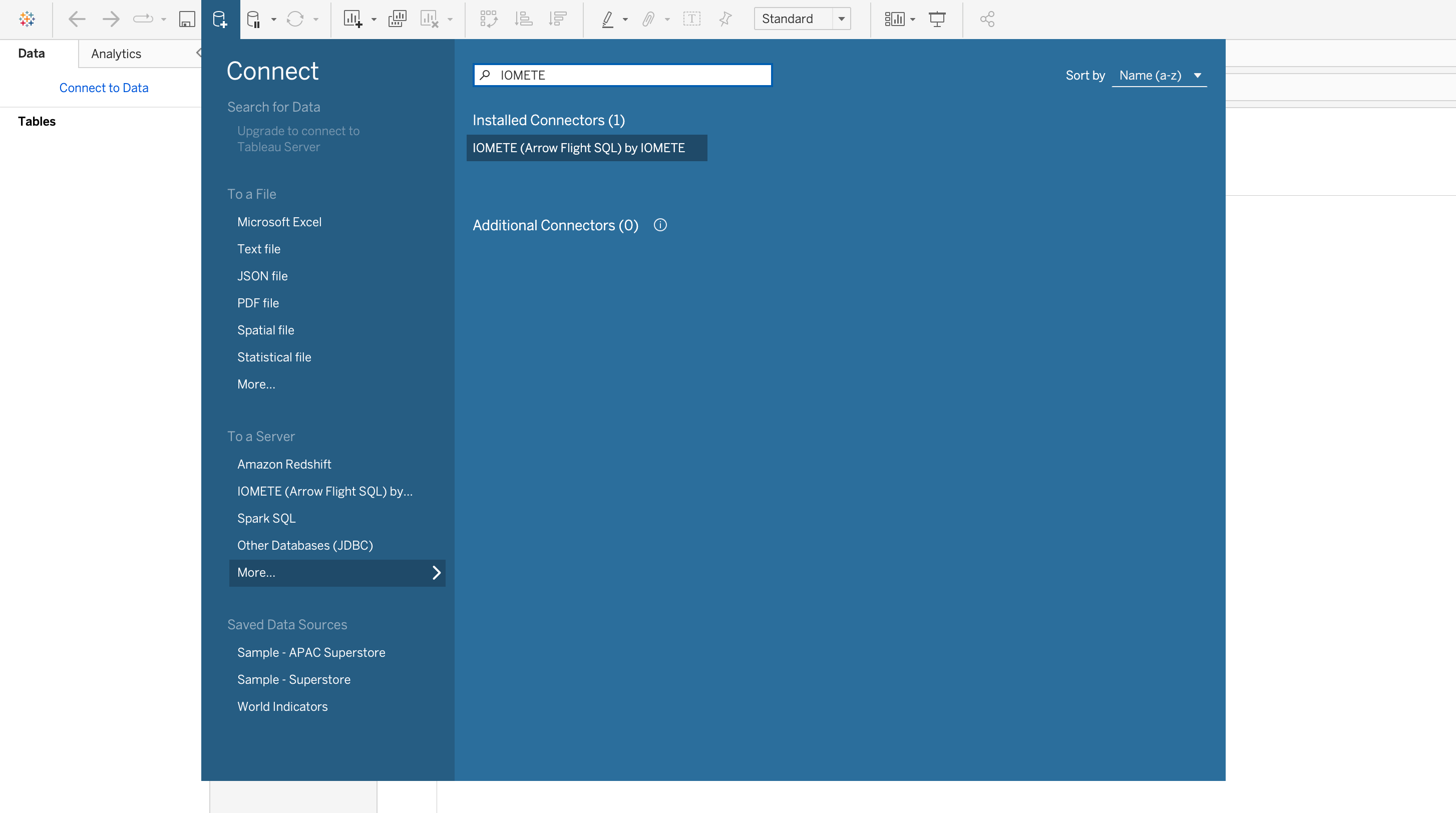 Tableau Connect pane showing the installed IOMETE (Arrow Flight SQL) connector | IOMETE