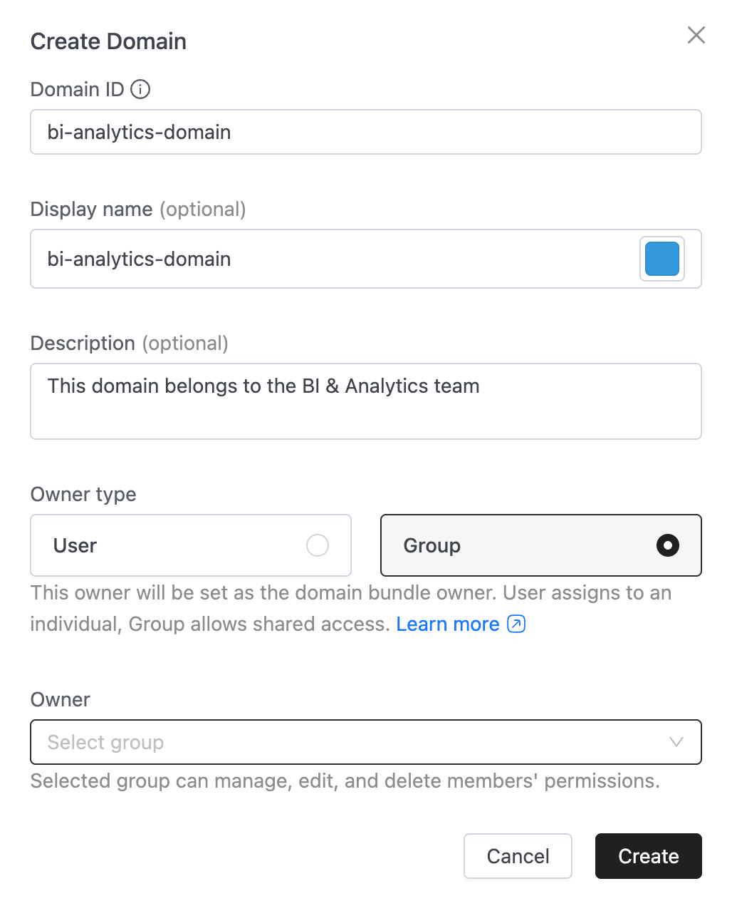 Create Domain with Owner | IOMETE
