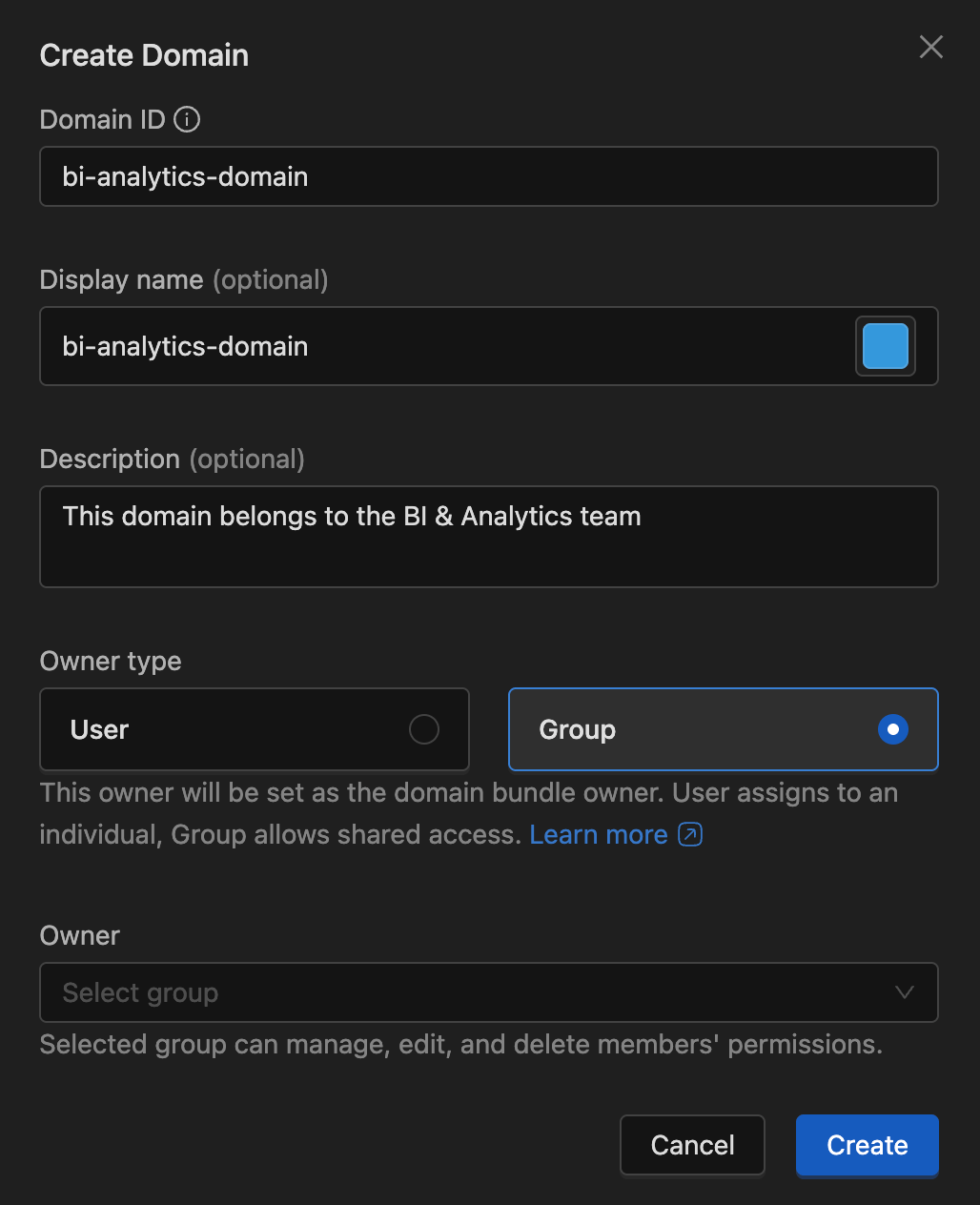 Create Domain with Owner | IOMETE