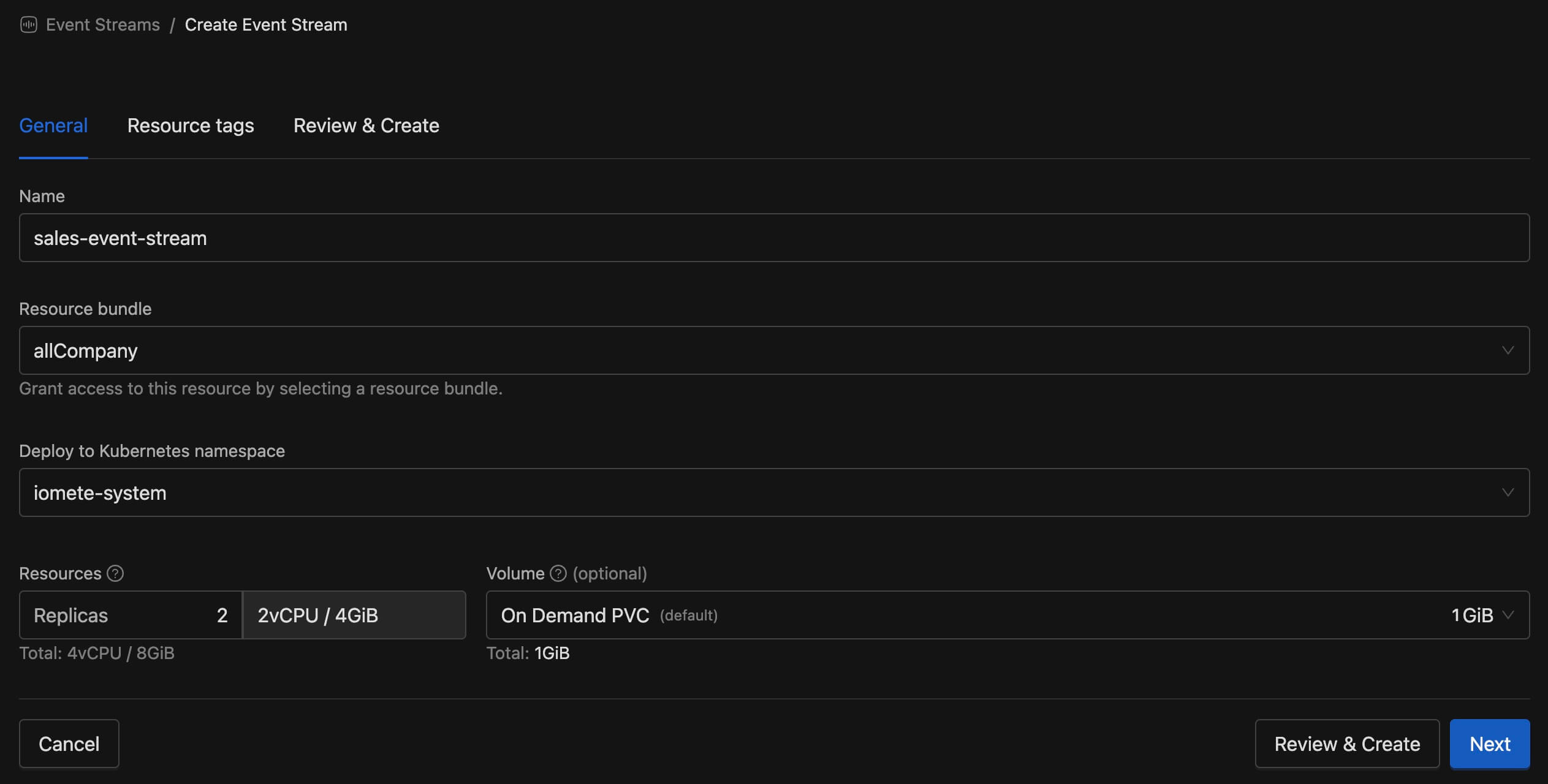 Event Stream create form | IOMETE