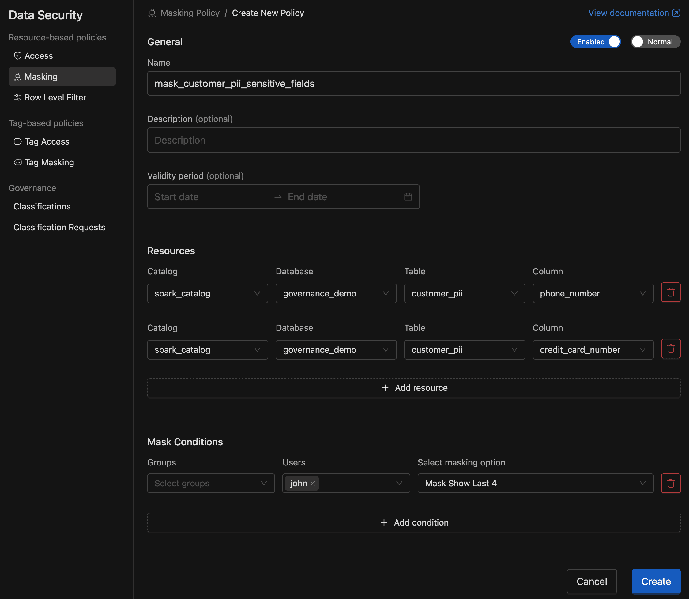 Create a new masking policy form | IOMETE