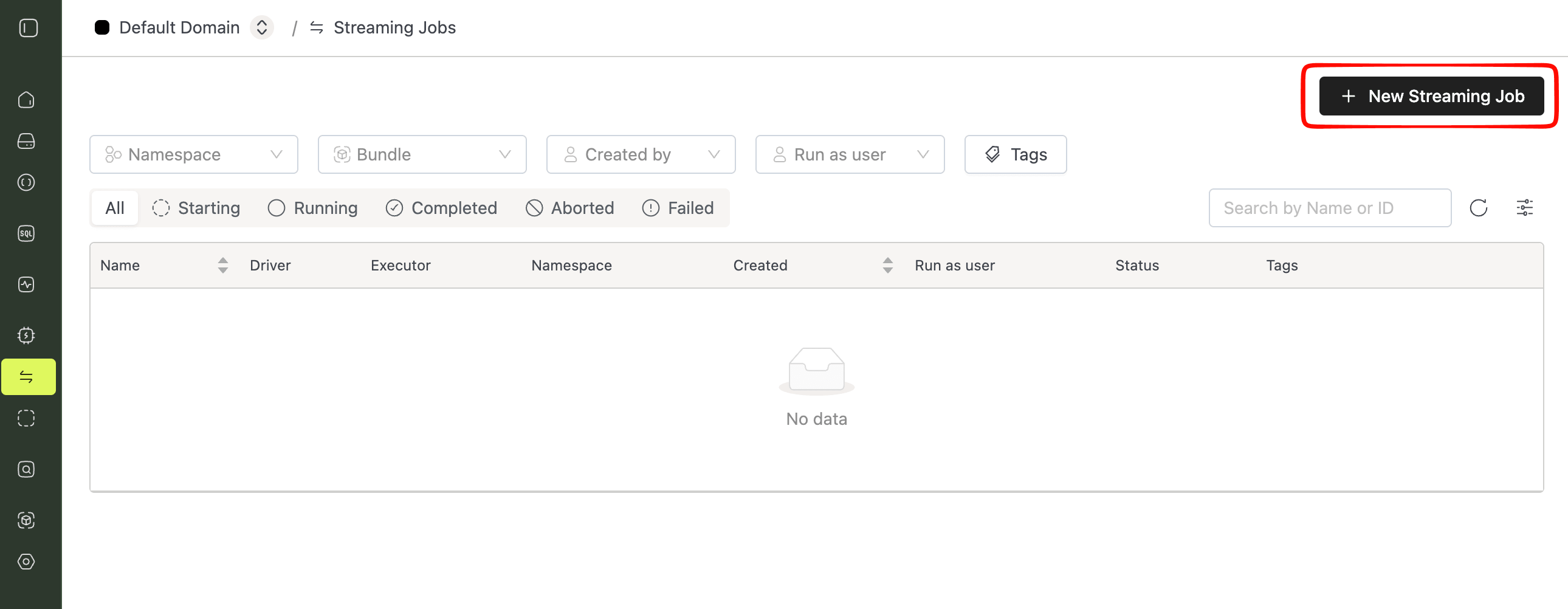 Streaming Jobs page with New Streaming Job button | IOMETE
