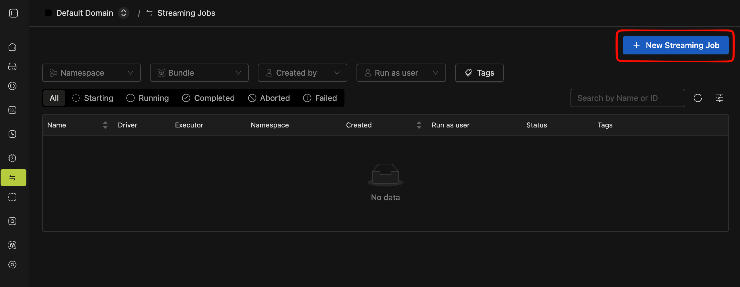 Streaming Jobs page with New Streaming Job button | IOMETE