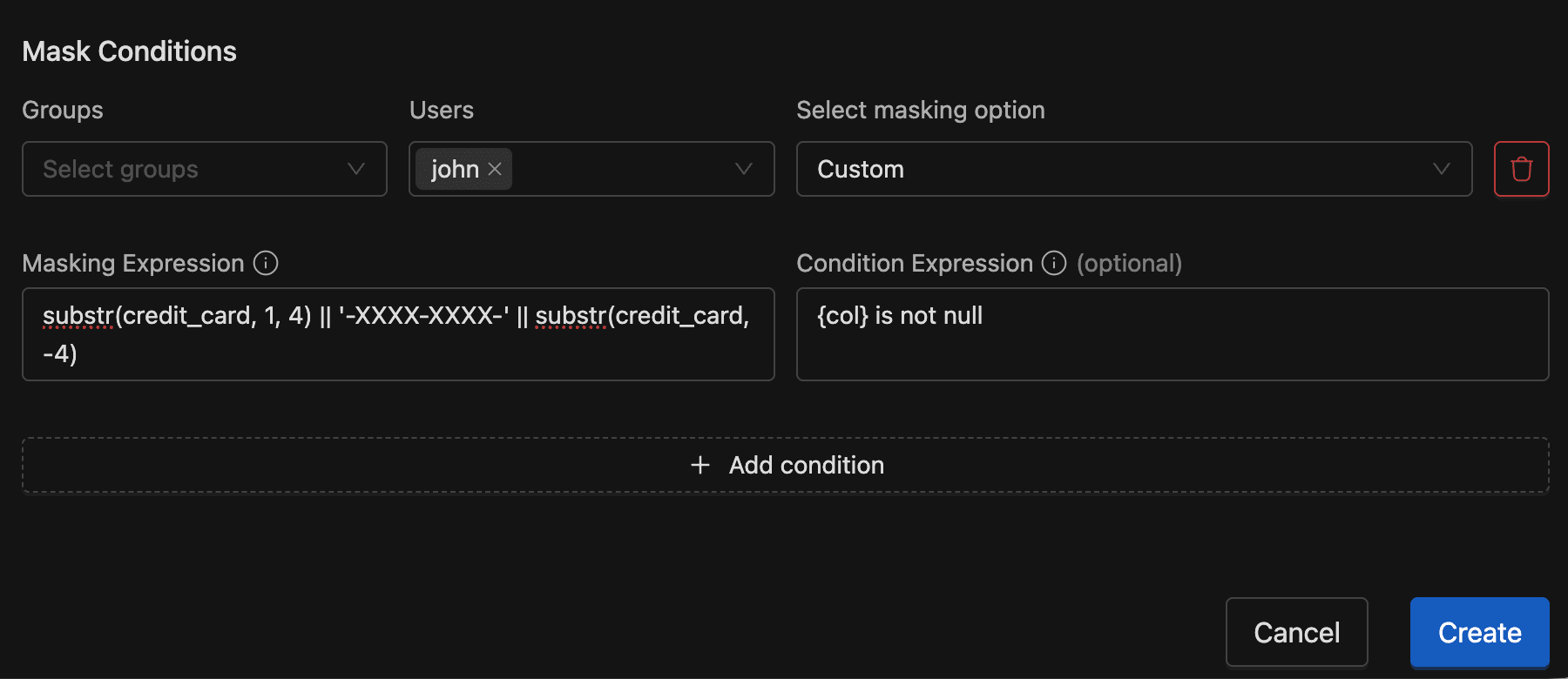 Custom masking expression and condition fields | IOMETE