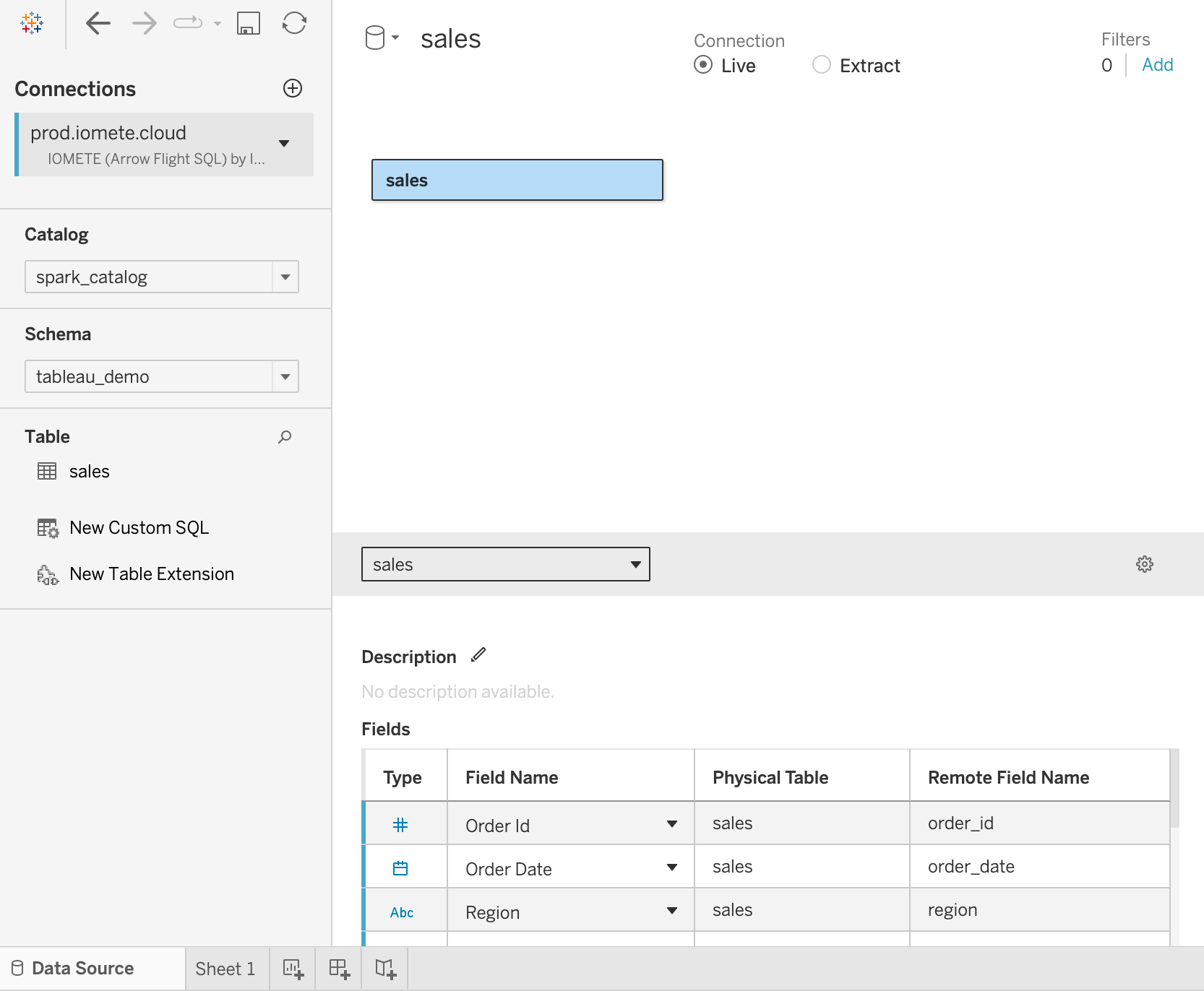 Tableau data source page showing the IOMETE catalog, schema, and a table dragged onto the canvas | IOMETE