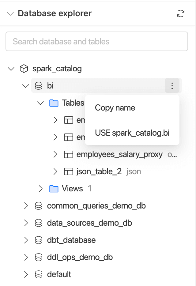 SQL Editor - Database menu | IOMETE