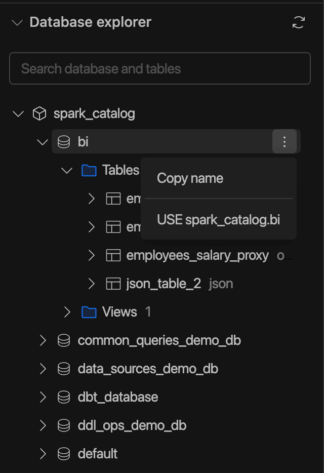 SQL Editor - Database menu | IOMETE