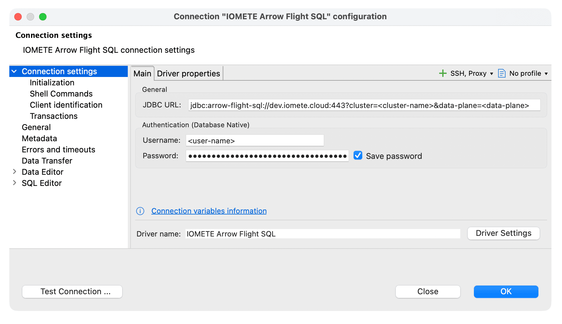 Connection settings dialog with Arrow Flight JDBC URL, username, and password fields | IOMETE