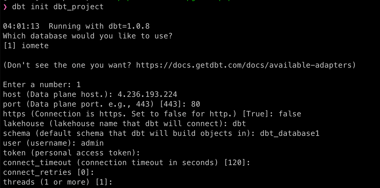 dbt-iomete init command output | IOMETE