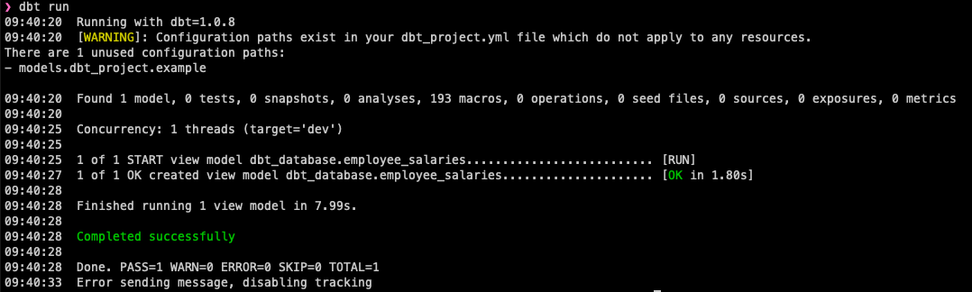 Successful dbt run command output | IOMETE