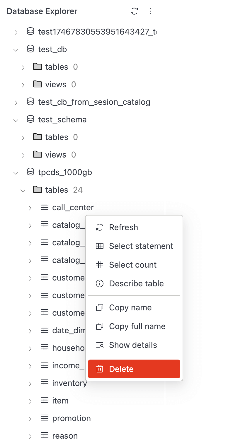 Data explorer delete table | IOMETE