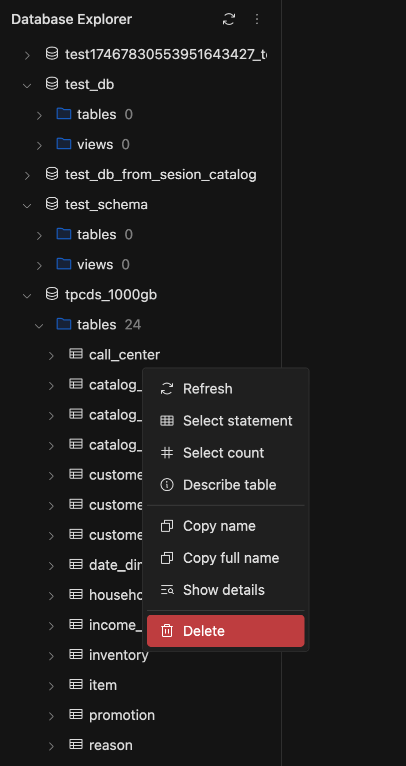 Data explorer delete table | IOMETE