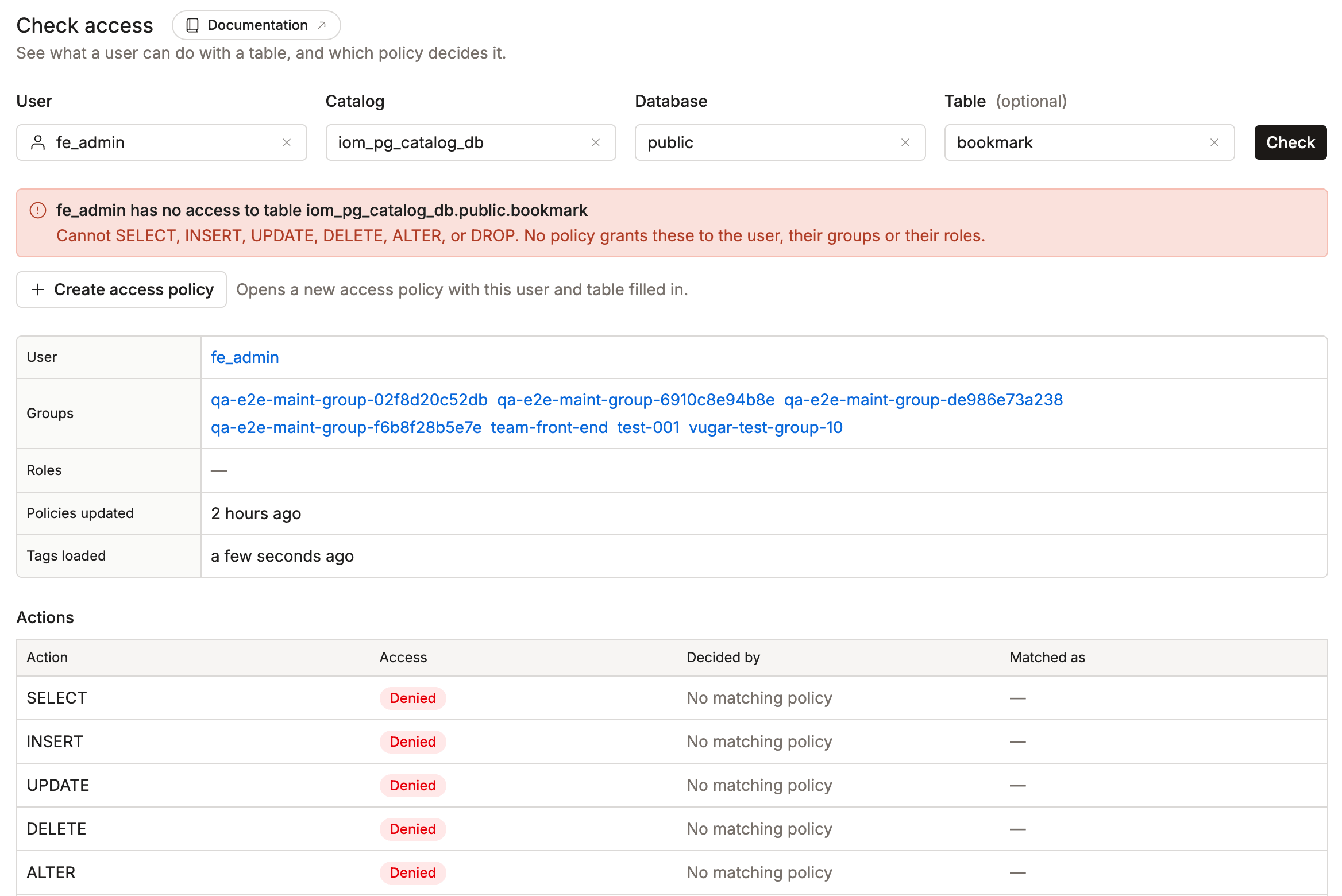 Result with a denied action and the Create access policy button below the summary | IOMETE