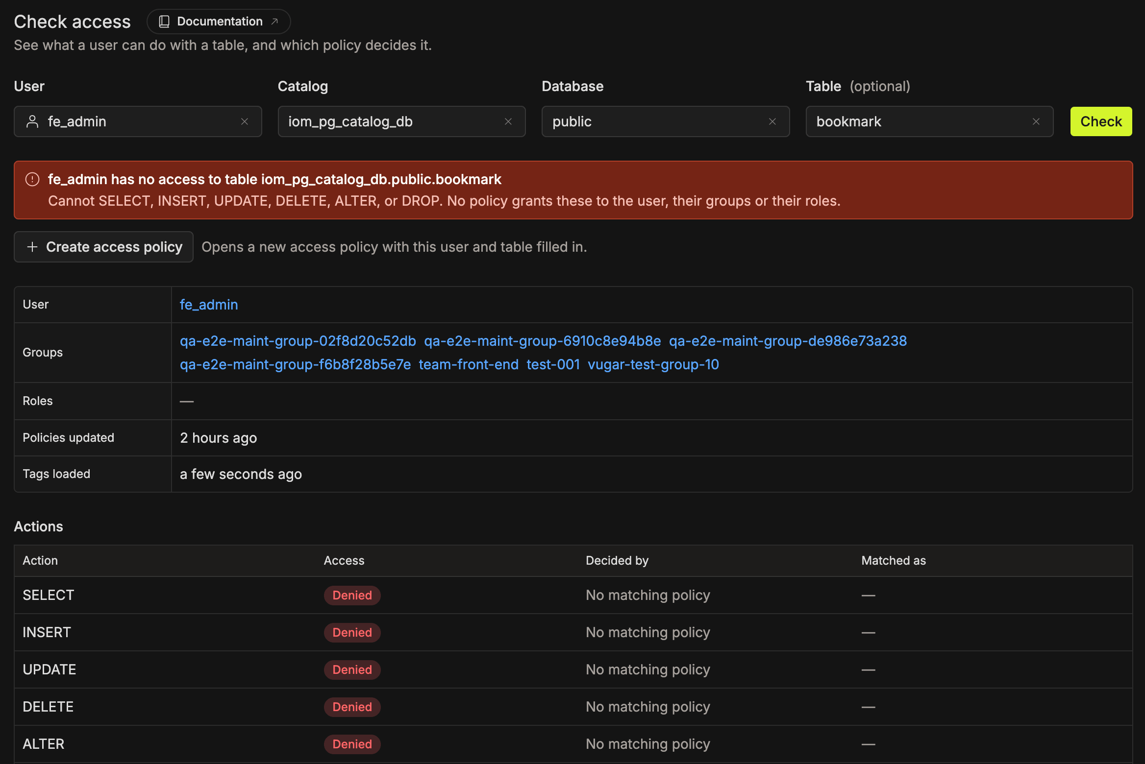 Result with a denied action and the Create access policy button below the summary | IOMETE