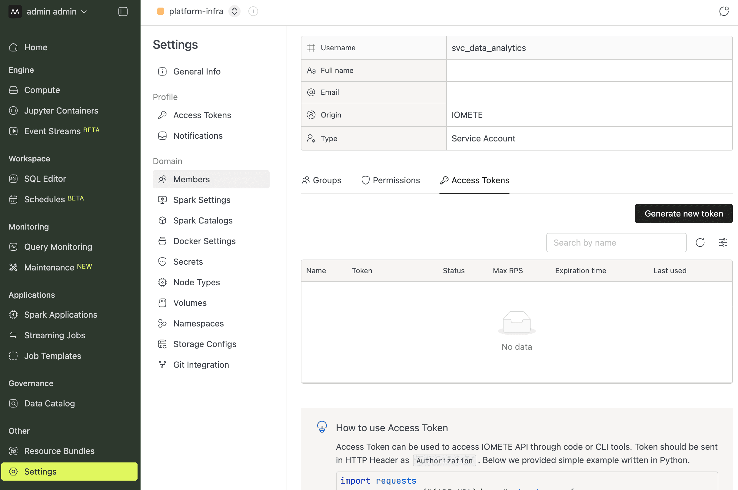 Service account detail page showing the Access Tokens tab at domain level under Settings > Members | IOMETE