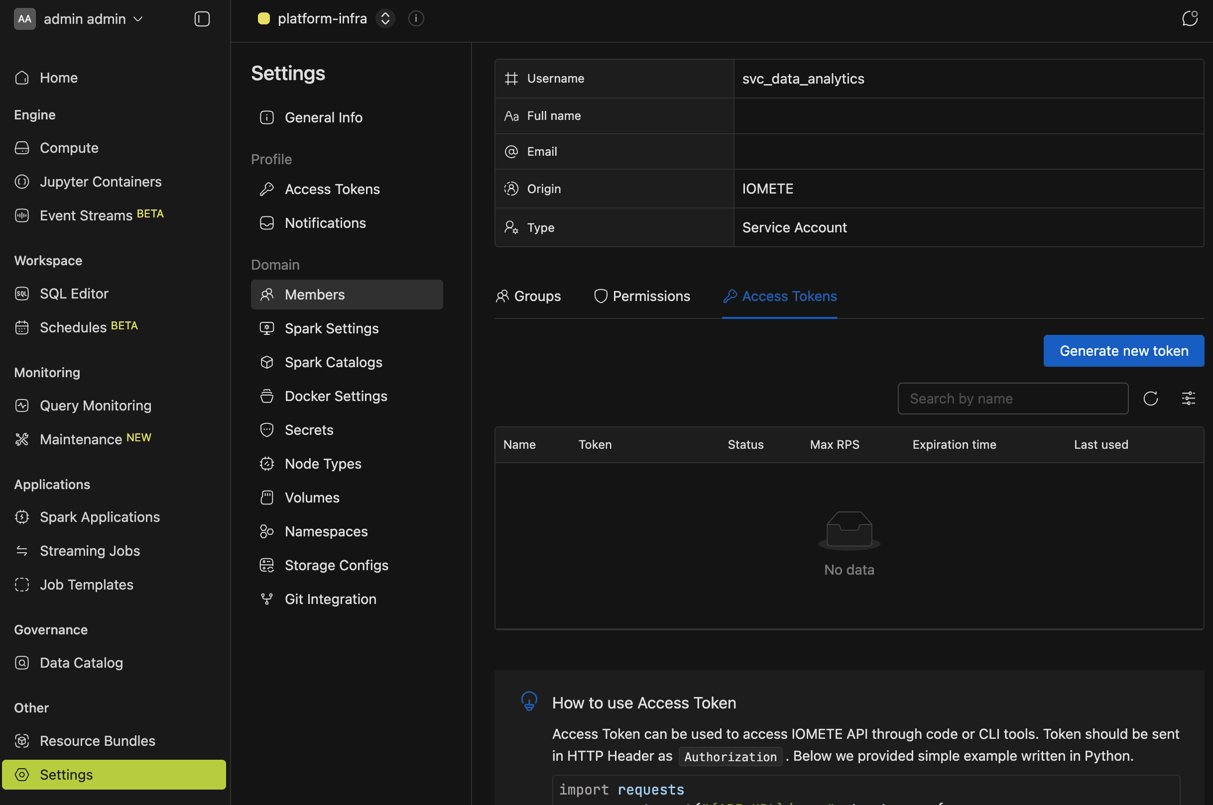 Service account detail page showing the Access Tokens tab at domain level under Settings > Members | IOMETE