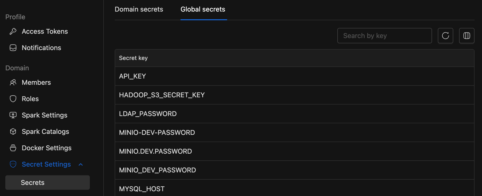 Domain Global Secrets Tab | IOMETE